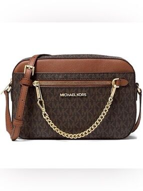 Michael Kors Brown/Tan Gold Tone Hardware Jet Set Large Logo Crossbody Bag